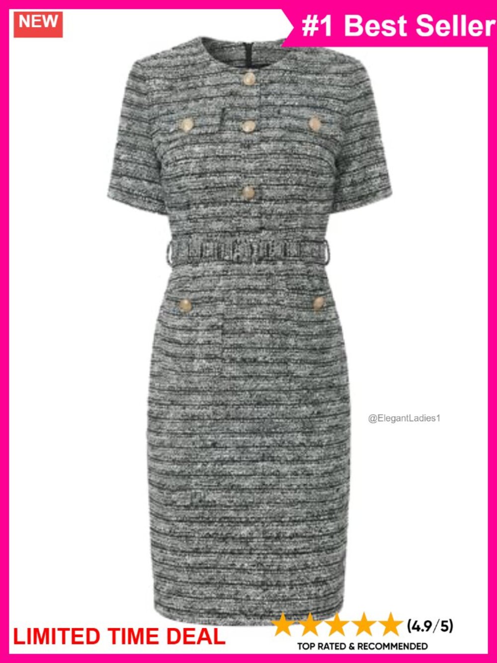 Hobemty Women's Tweed Belted Sheath Dress Short Sleeve Work Pencil Knee Length